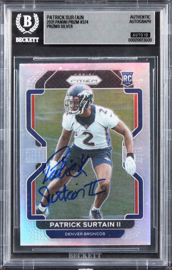 2021 Panini Prizm Silver #374 Patrick Surtain II Rookie Auto Beckett Slab: 2021 Panini Prizm Silver #374 Patrick Surtain II Rookie Auto Beckett Slab Original 2021 Panini Prizm Prizms Silver #374 rookie card signed by Patrick Surtain II of the Denver Broncos. The autograph ha