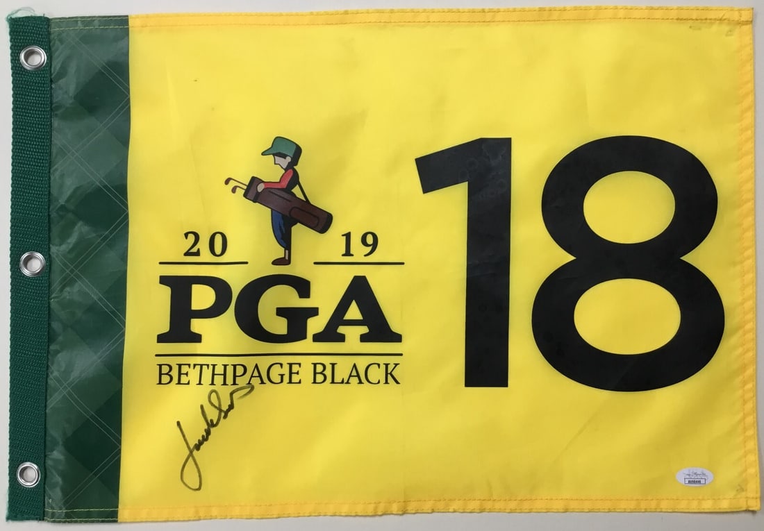 Jordan Spieth Signed 2019 PGA Bethpage Black Flag JSA Authenticated: Jordan Spieth Signed 2019 PGA Bethpage Black Flag JSA Authenticated This official 2019 PGA Bethpage Black Yellow 18 pin flag features the signature of renowned golfer Jordan Spieth. The autograph is a