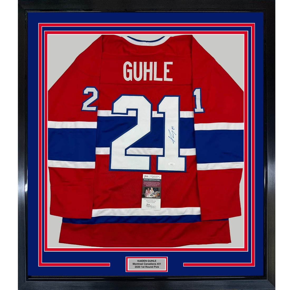 Framed Autographed Kaiden Guhle Montreal Canadiens Jersey with JSA COA: Framed Autographed Kaiden Guhle Montreal Canadiens Jersey with JSA COA Celebrate your passion for hockey with this professionally framed and autographed Kaiden Guhle Montreal Canadiens jersey. Measuri