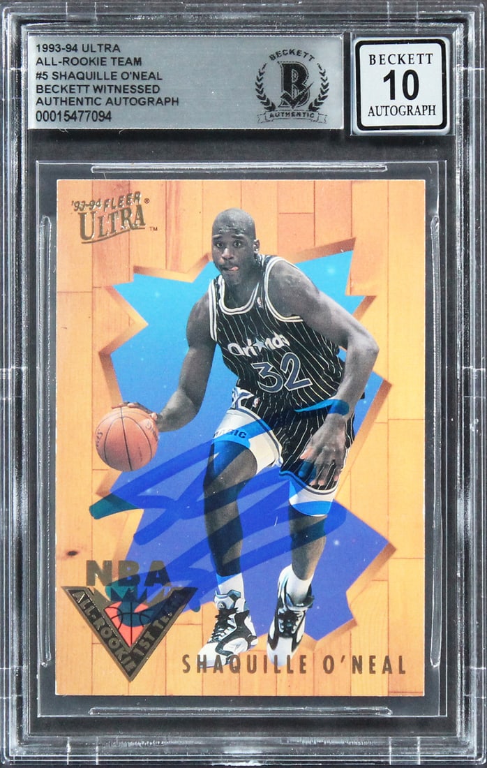Shaquille O'Neal Signed 1993 Ultra All Rookie Team #5 Card Gem Mint 10 Beckett: Shaquille O'Neal Signed 1993 Ultra All Rookie Team #5 Card Gem Mint 10 Beckett This is a 1993 Ultra All Rookie Team #5 trading card featuring Shaquille O'Neal, personally signed by the basketball star