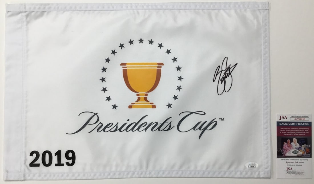 Rickie Fowler Signed 2019 President's Cup Pin Flag JSA Authenticated: Rickie Fowler Signed 2019 President's Cup Pin Flag JSA Authenticated This is an official pin flag from The President's Cup 2019, signed by PGA star Rickie Fowler. The signature is authenticated by Jam