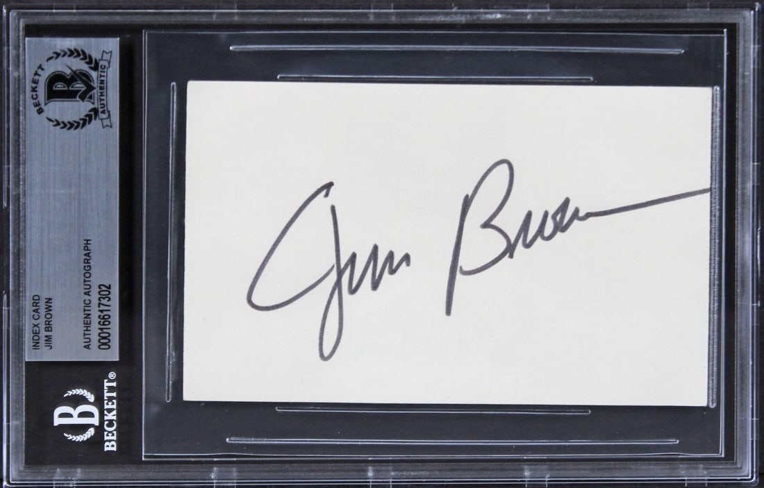 Jim Brown Signed 3x5 Index Card Beckett Authenticated Cleveland Browns Slab: Jim Brown Signed 3x5 Index Card Beckett Authenticated Cleveland Browns Slab This authentic 3x5 index card has been personally signed by Jim Brown of the Cleveland Browns. The autograph has been slabbe