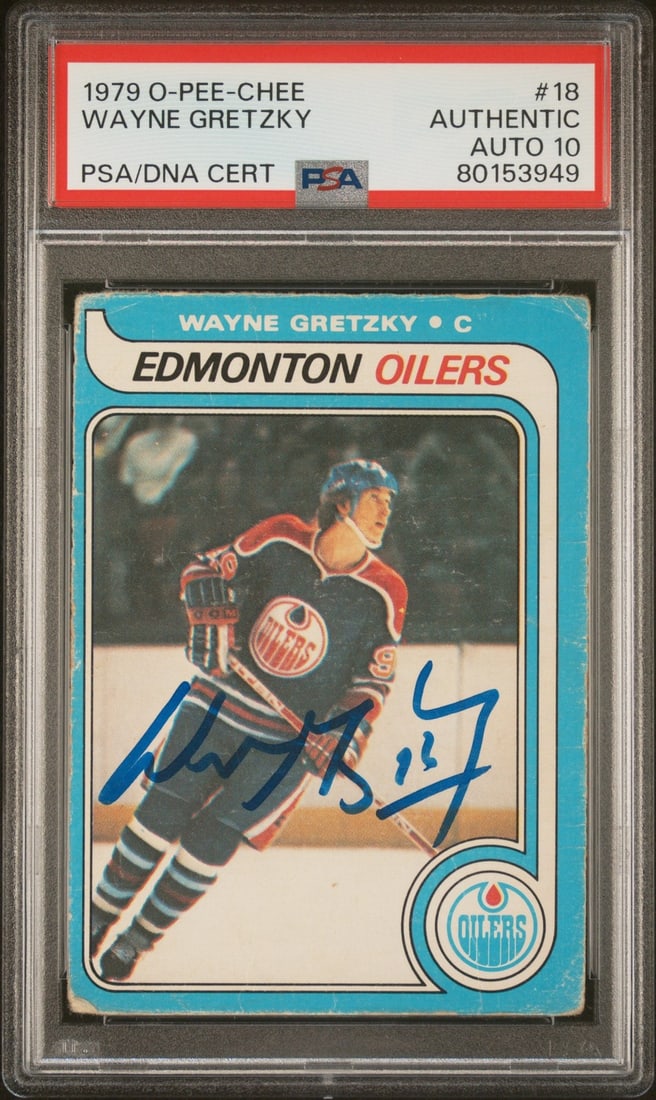 PSA DNA Slabbed Wayne Gretzky 1979 O-Pee-Chee 18 Rookie Auto 10: PSA DNA Slabbed Wayne Gretzky 1979 O-Pee-Chee 18 Rookie Auto 10 Original 1979 O-Pee-Chee #18 rookie card personally signed by Wayne Gretzky of the Edmonton Oilers. The autograph is graded Gem Mint 10 