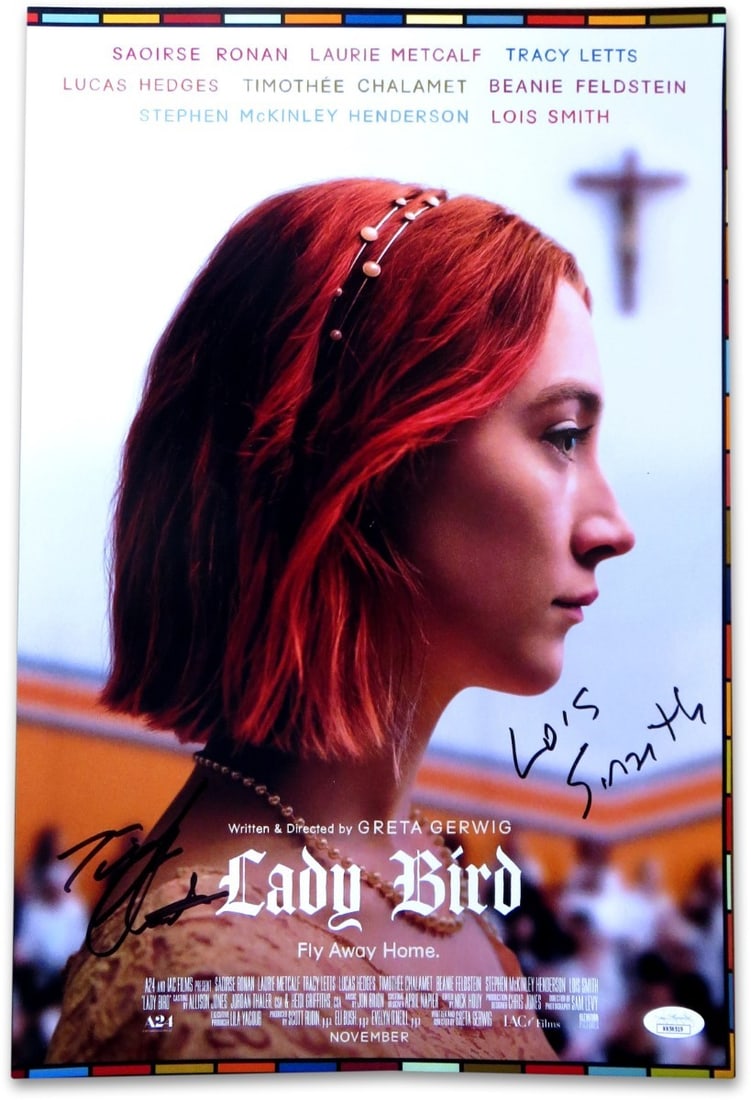 Timothee Chalamet Lois Smith Autographed 12X18 Photo Lady Bird JSA Certified: Timothee Chalamet Lois Smith Autographed 12X18 Photo Lady Bird JSA Certified This is a striking 12" x 18" photograph featuring dual autographs from acclaimed actors Timothee Chalamet and Lois Smith, k