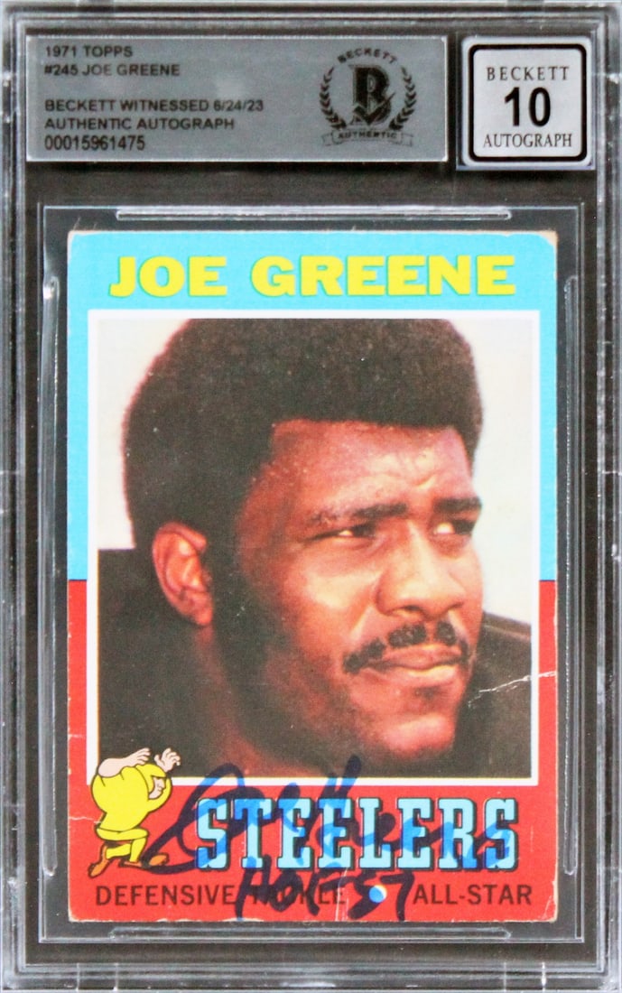 Joe Greene HOF 87 Signed 1971 Topps #245 Rookie Card Gem Mint 10 Beckett: Joe Greene HOF 87 Signed 1971 Topps #245 Rookie Card Gem Mint 10 Beckett This is a remarkable 1971 Topps #245 Rookie Card of Joe Greene, a legendary player for the Pittsburgh Steelers, featuring the i