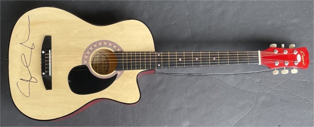 Crescent Acoustic Guitar Autographed by Sharon Stone JSA Authenticated: Crescent Acoustic Guitar Autographed by Sharon Stone JSA Authenticated This Crescent acoustic guitar is hand-signed by Sharon Stone, renowned for her roles in "Casino," "The Quick & the Dead," and "Ba