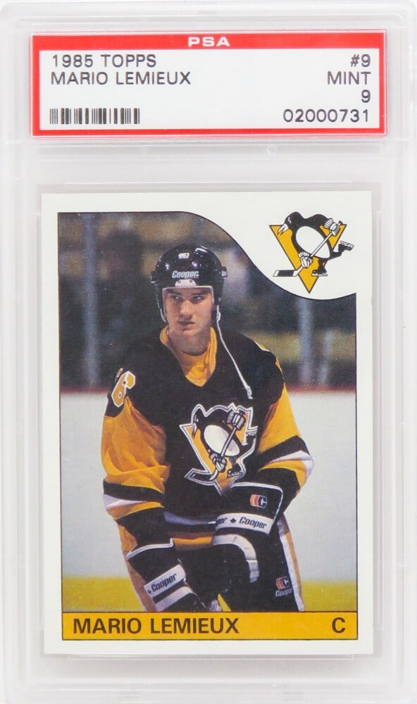 Mario Lemieux 1985 Topps Rookie Card PSA 9 Mint Pittsburgh Penguins: Mario Lemieux 1985 Topps Rookie Card PSA 9 Mint Pittsburgh Penguins This listing features a Mario Lemieux Pittsburgh Penguins 1985 Topps rookie trading card #9, graded Mint 9 by Professional Sports Au