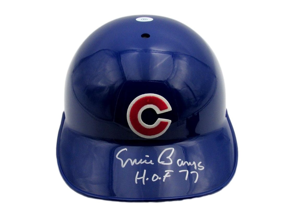 Chicago Cubs batting helmet signed by Ernie Banks HOF 7 3/8 PSA DNA: Chicago Cubs batting helmet signed by Ernie Banks HOF 7 3/8 PSA DNA Original Ernie Banks signed and inscribed MLB authentic batting helmet in blue, featuring the "H.O.F. 77" inscription. This pre-owne
