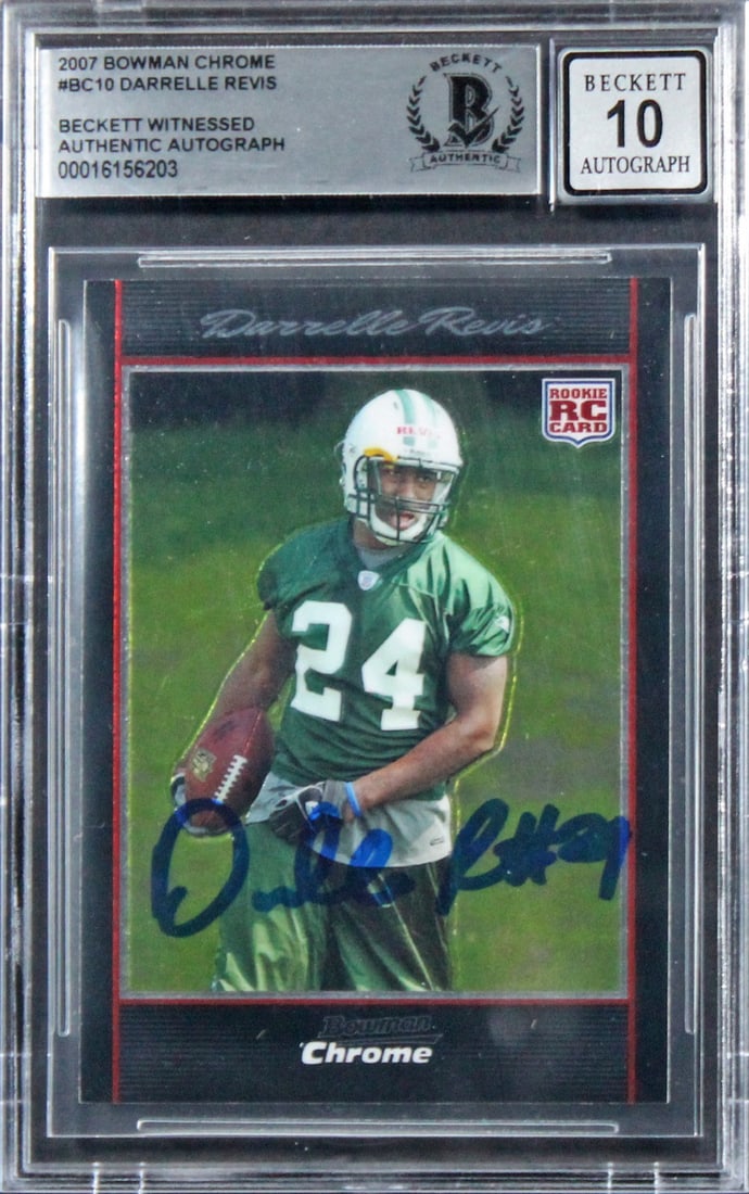 Darrelle Revis Signed 2007 Bowman Chrome RC Card Gem Mint 10 BAS: Darrelle Revis Signed 2007 Bowman Chrome RC Card Gem Mint 10 BAS This is a 2007 Bowman Chrome #BC10 Rookie Card featuring Darrelle Revis of the New York Jets, personally signed and graded Gem Mint 10 