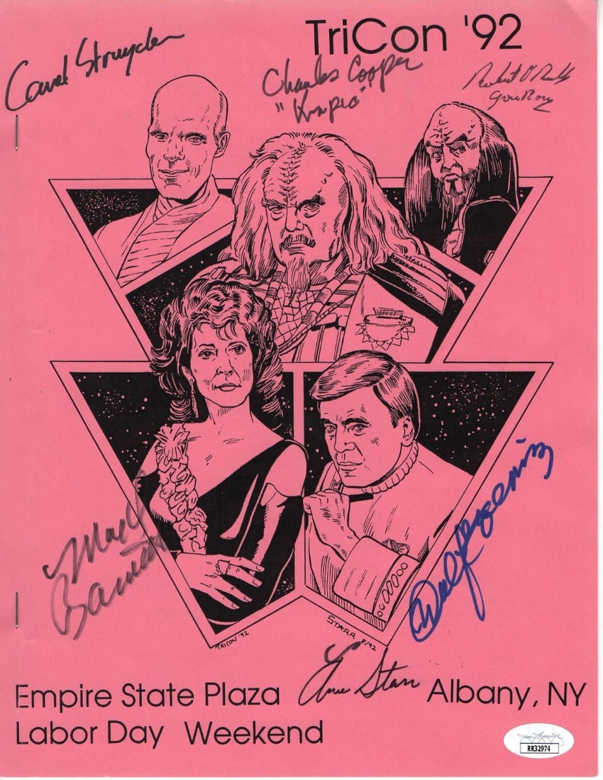 Star Trek TNG Program Signed by Koenig Barrett Struycken JSA Authenticated: Star Trek TNG Program Signed by Koenig Barrett Struycken JSA Authenticated This is an original program from the 1992 TriCon event, featuring multiple autographs from notable Star Trek: The Next Genera