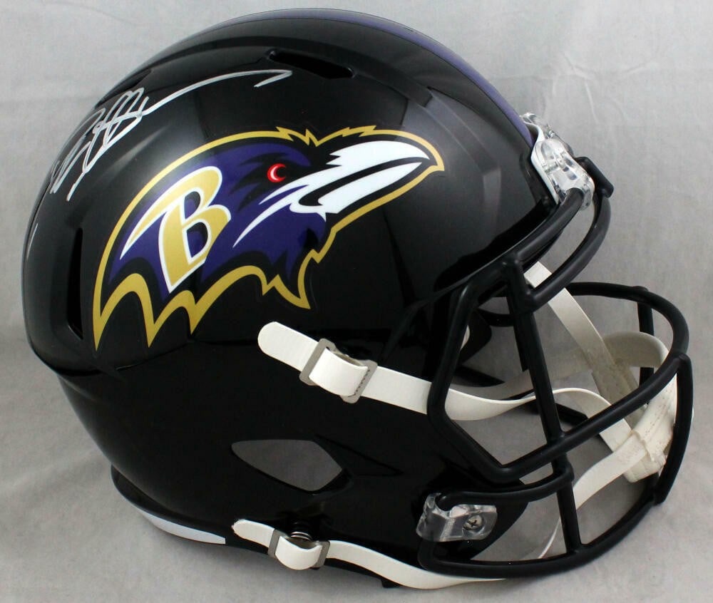 Beckett Authenticated Deion Sanders Ravens Full Size Speed Helmet Silver: Beckett Authenticated Deion Sanders Ravens Full Size Speed Helmet Silver Pre-owned full-size Speed helmet signed by Deion Sanders. This item comes with Beckett authentication and is identified as a Ba