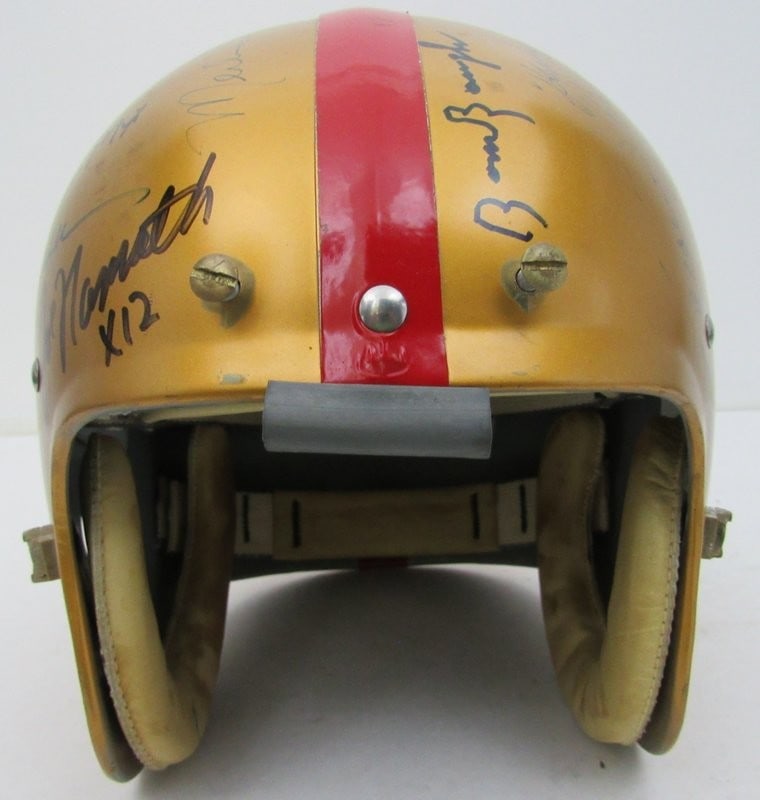 Signed Wilson full size football helmet with 34 HOF autographs JSA LOA: Signed Wilson full size football helmet with 34 HOF autographs JSA LOA Original full size Wilson TK RK suspension football helmet signed by 34 Hall of Famers and notable players. This gold helmet is a