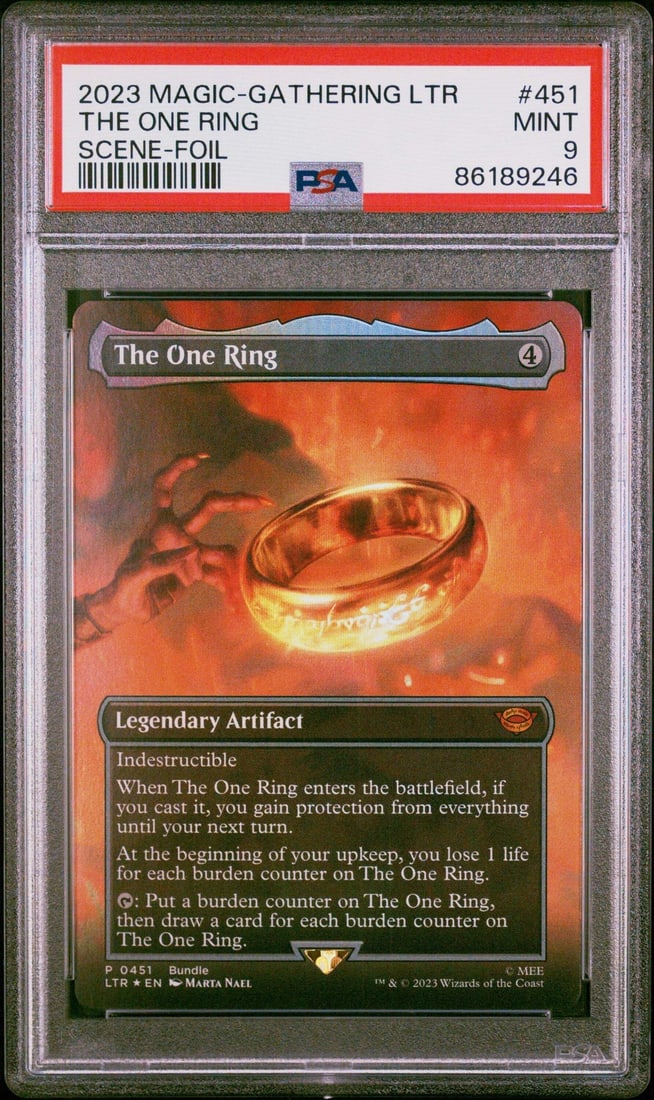 Graded 2023 Magic The Gathering The One Ring Foil PSA 9 Card: Graded 2023 Magic The Gathering The One Ring Foil PSA 9 Card Presenting the 2023 Magic The Gathering The One Ring Foil #LOTR Card, expertly graded at PSA 9, ensuring its excellent condition. This orig