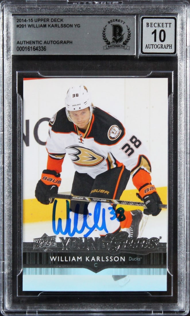 William Karlsson Autographed 2014 Upper Deck #201 Card Gem Mint 10 Beckett Slabbed: William Karlsson Autographed 2014 Upper Deck #201 Card Gem Mint 10 Beckett Slabbed This is a 2014 Upper Deck #201 trading card featuring William Karlsson of the Anaheim Ducks. The card has been person