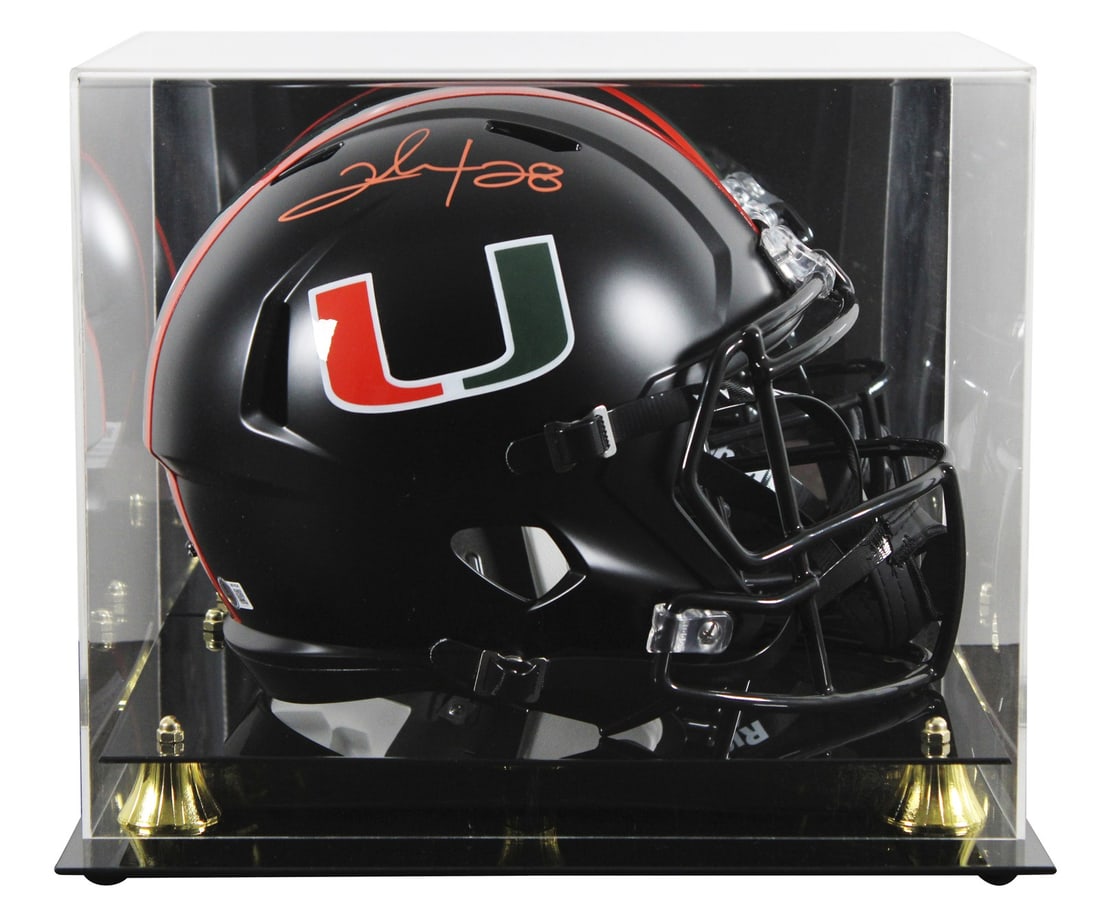 Beckett Witnessed Clinton Portis Miami Hurricanes Speed Replica Helmet Case: Beckett Witnessed Clinton Portis Miami Hurricanes Speed Replica Helmet Case Pre-owned full-size Speed replica football helmet in the 2017 alternate black style, personally signed by Clinton Portis and