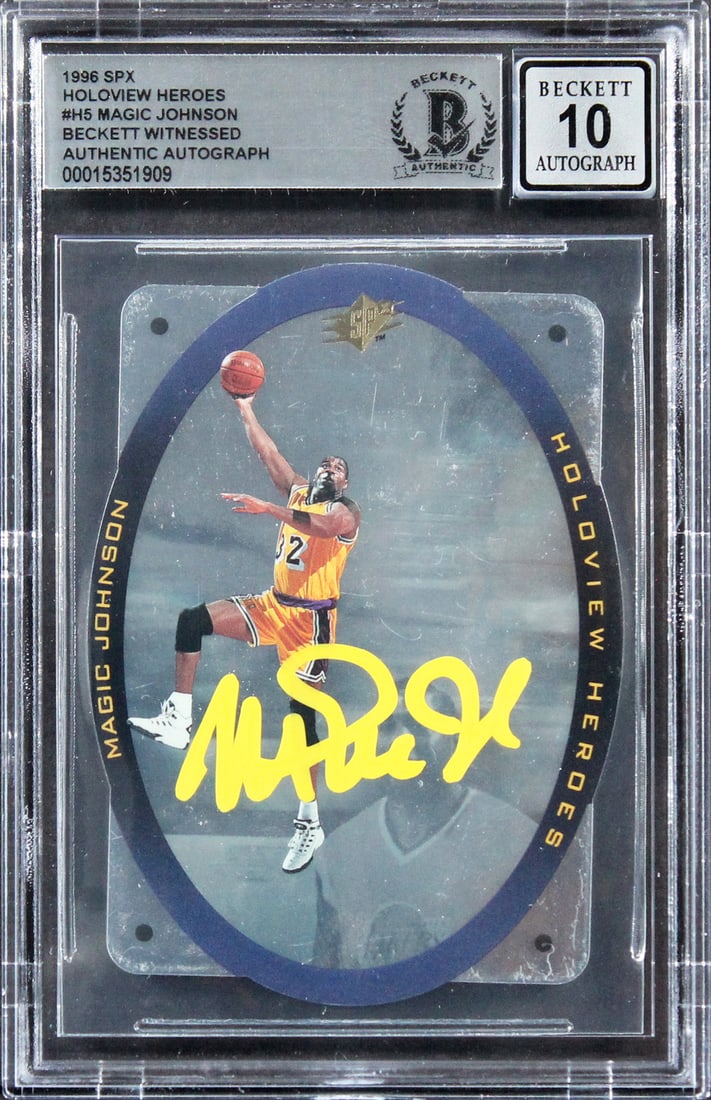Magic Johnson Signed 1996 SPX Holoview Heroes Card Gem Mint 10 BAS: Magic Johnson Signed 1996 SPX Holoview Heroes Card Gem Mint 10 BAS This 1996 SPX Holoview Heroes #H5 card features a stunning autograph from Magic Johnson, a celebrated player of the Los Angeles Laker