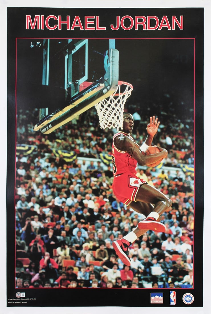 Michael Jordan Signed 1987 Starline Bulls Poster 22x34 Beckett Authenticated: Michael Jordan Signed 1987 Starline Bulls Poster 22x34 Beckett Authenticated This original 22x34 inch 1987 Starline poster features an authentic autograph from Michael Jordan of the Chicago Bulls. The