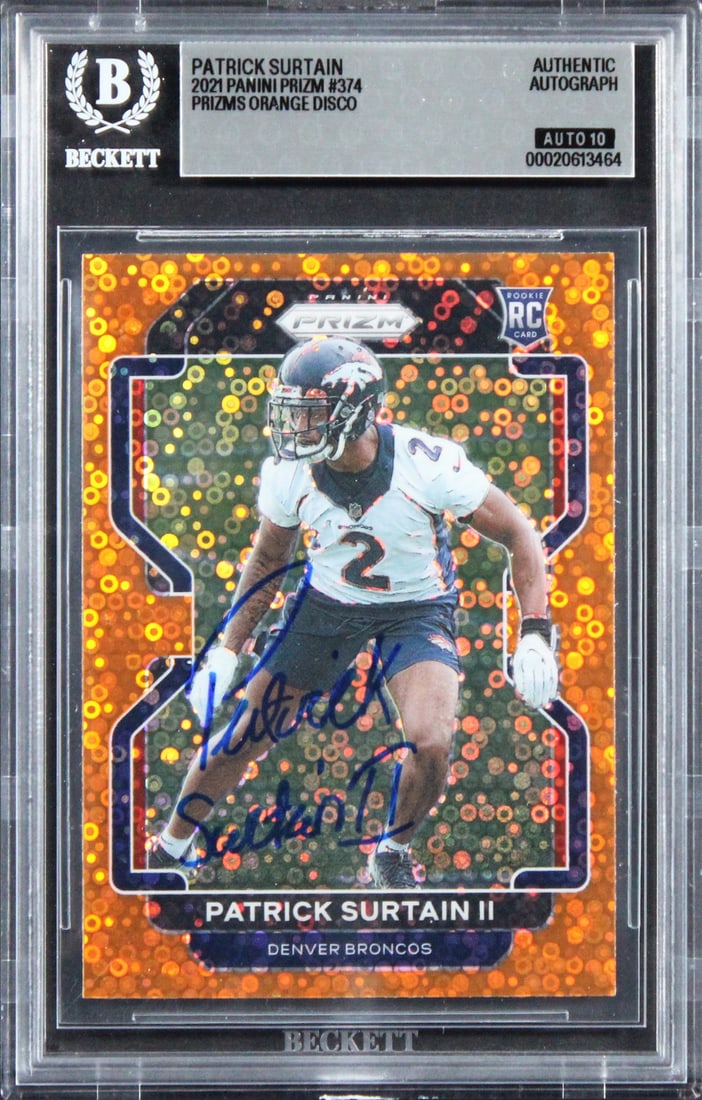 2021 Panini Prizm Orange Disco #374 Patrick Surtain II Auto Beckett Slab: 2021 Panini Prizm Orange Disco #374 Patrick Surtain II Auto Beckett Slab Original 2021 Panini Prizm Prizms Orange Disco #374 rookie card signed by Patrick Surtain II of the Denver Broncos. The autogra