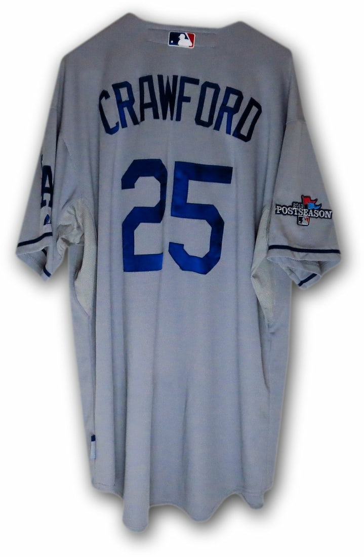 Los Angeles Dodgers 2013 Playoffs Team Issue Carl Crawford Road Jersey #25: Los Angeles Dodgers 2013 Playoffs Team Issue Carl Crawford Road Jersey #25 This is a pre-owned Los Angeles Dodgers team-issued road gray jersey from the 2013 playoffs, worn by Carl Crawford and featur