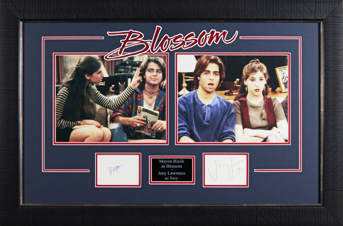 Framed Blossom signed photograph Mayim Bialik Joey Lawrence Beckett COA: Framed Blossom signed photograph Mayim Bialik Joey Lawrence Beckett COA Autographed framed photograph display personally signed by Bayim Bialik and Joey Lawrence of Blossom. The item is original, prof