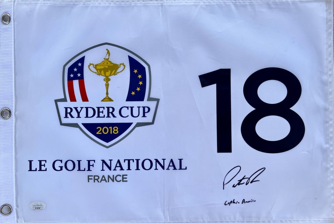 2018 Ryder Cup Le Golf National pin flag signed by Patrick Reed: 2018 Ryder Cup Le Golf National pin flag signed by Patrick Reed This official 2018 Ryder Cup Le Golf National France pin flag is signed by Patrick Reed, who has also inscribed it with "Captain America