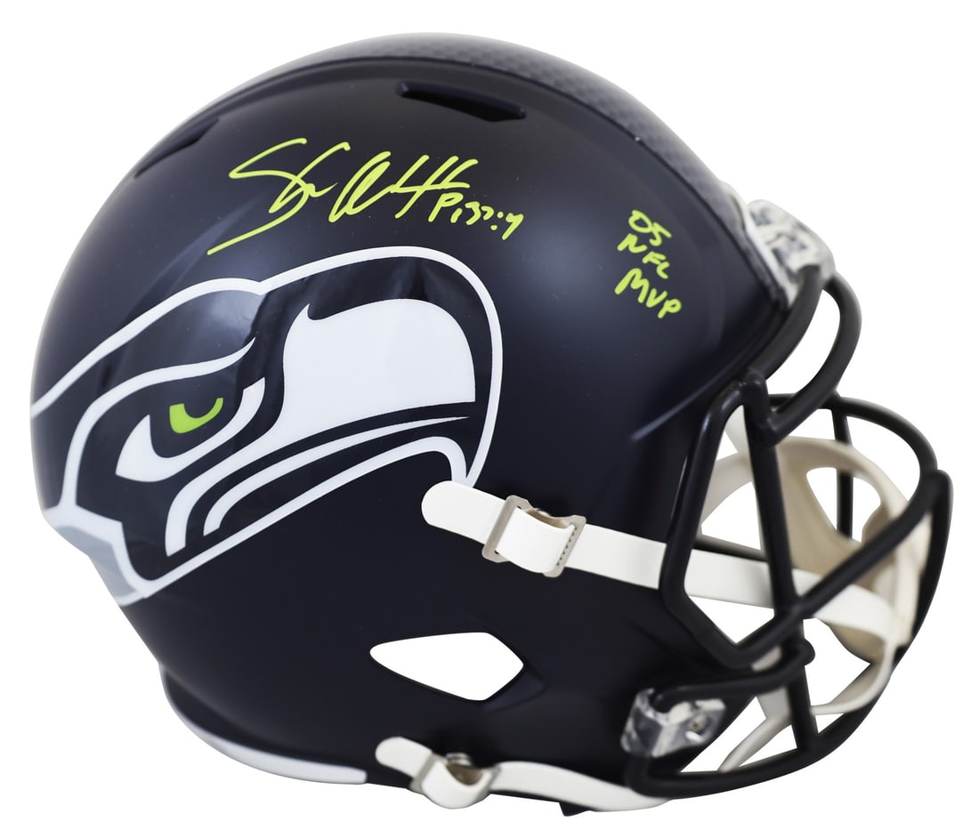 Shaun Alexander Signed Seahawks Helmet NFL MVP 2005 Beckett Authenticated: Shaun Alexander Signed Seahawks Helmet NFL MVP 2005 Beckett Authenticated This authentic Riddell Full Size Speed Replica Helmet is a must-have for any Seattle Seahawks fan. Personally signed by Shaun 