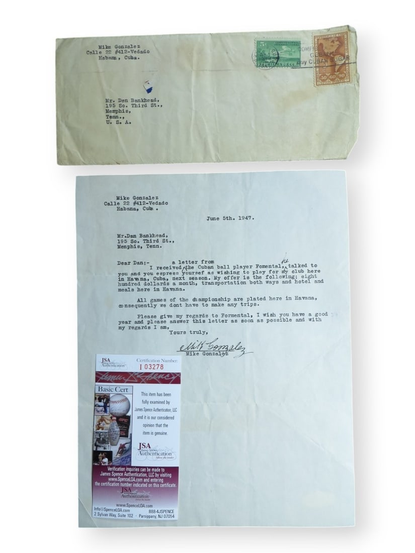 Mike Gonzalez Autographed Letter Brooklyn Dodgers JSA Authenticated (1 of 2)