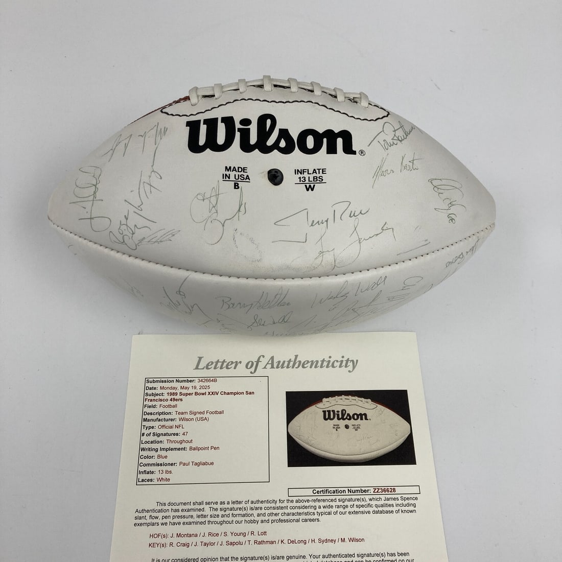 1989 San Francisco 49ers Team Signed Football with JSA COA: 1989 San Francisco 49ers Team Signed Football with JSA COA Celebrate the legacy of the San Francisco 49ers with this original Wilson Super Bowl XXIII football, autographed by approximately 50 members 