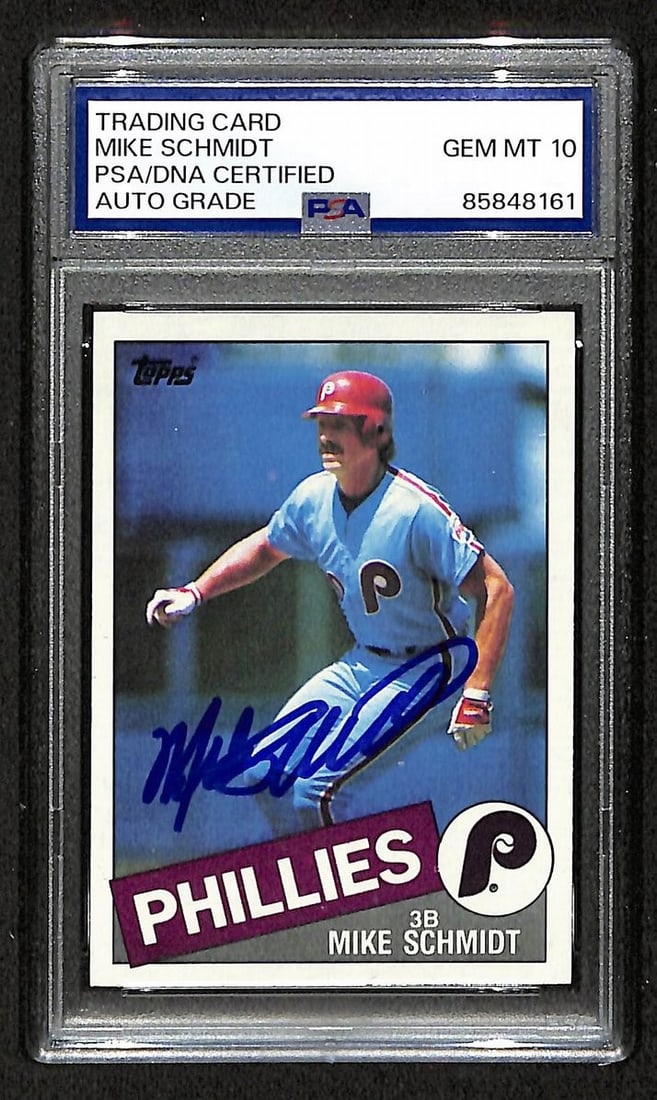PSA DNA Gem 10 Signed 1985 Topps 500 Mike Schmidt Phillies HOF Card: PSA DNA Gem 10 Signed 1985 Topps 500 Mike Schmidt Phillies HOF Card Original Mike Schmidt 1985 Topps Card #500, signed and designated PSA/DNA Auto GEM 10. This pre-owned baseball collectible reference