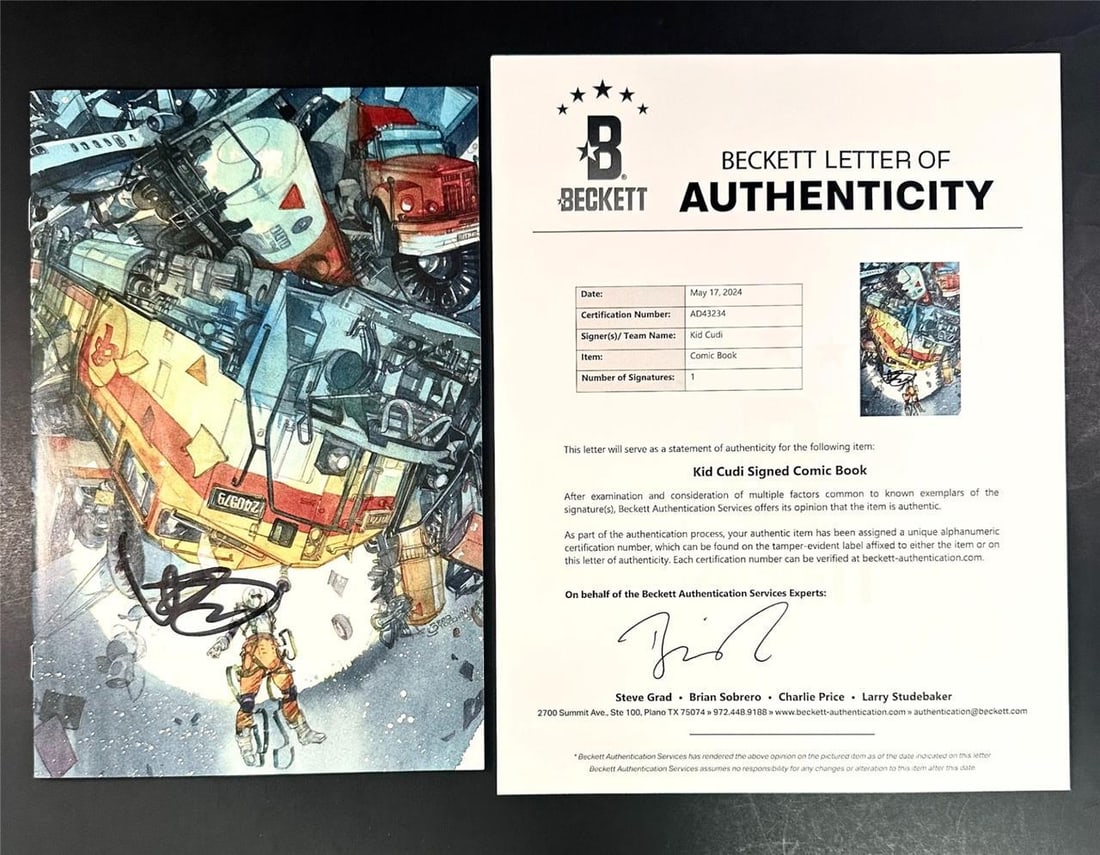 Kid Cudi Signed Moon Man Comic Book Issue #2 Beckett Authenticated: Kid Cudi Signed Moon Man Comic Book Issue #2 Beckett Authenticated This is an original Kid Cudi signed Moon Man Comic Book Issue #2 Cover C, featuring a bold autograph authenticated by Beckett. This c