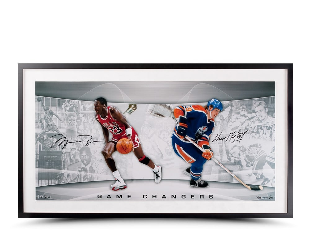 Framed Game Changers Photo Signed by Jordan and Gretzky 36 x 18 Limited 150: Framed Game Changers Photo Signed by Jordan and Gretzky 36 x 18 Limited 150 This is a framed 36x18 photo titled "Game Changers," featuring authentic signatures from Michael Jordan and Wayne Gretzky. T