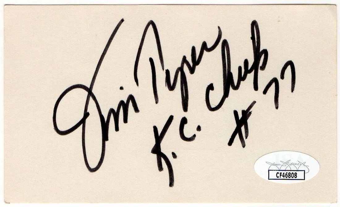 Jim Tyrer Autographed Index Card KC Chiefs #77 JSA Certified: Jim Tyrer Autographed Index Card KC Chiefs #77 JSA Certified This is an original autographed index card from Jim Tyrer, a notable player for the Kansas City Chiefs, wearing jersey number 77. The card 