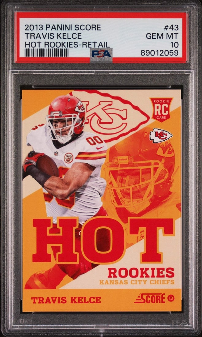 2013 Panini Score Travis Kelce #43 PSA 10 Graded Hot Rookie Card: 2013 Panini Score Travis Kelce #43 PSA 10 Graded Hot Rookie Card This is a Graded 2013 Panini Score Travis Kelce #43 Hot Rookie Retail Football Card, graded PSA 10. The card features Travis Kelce, a s