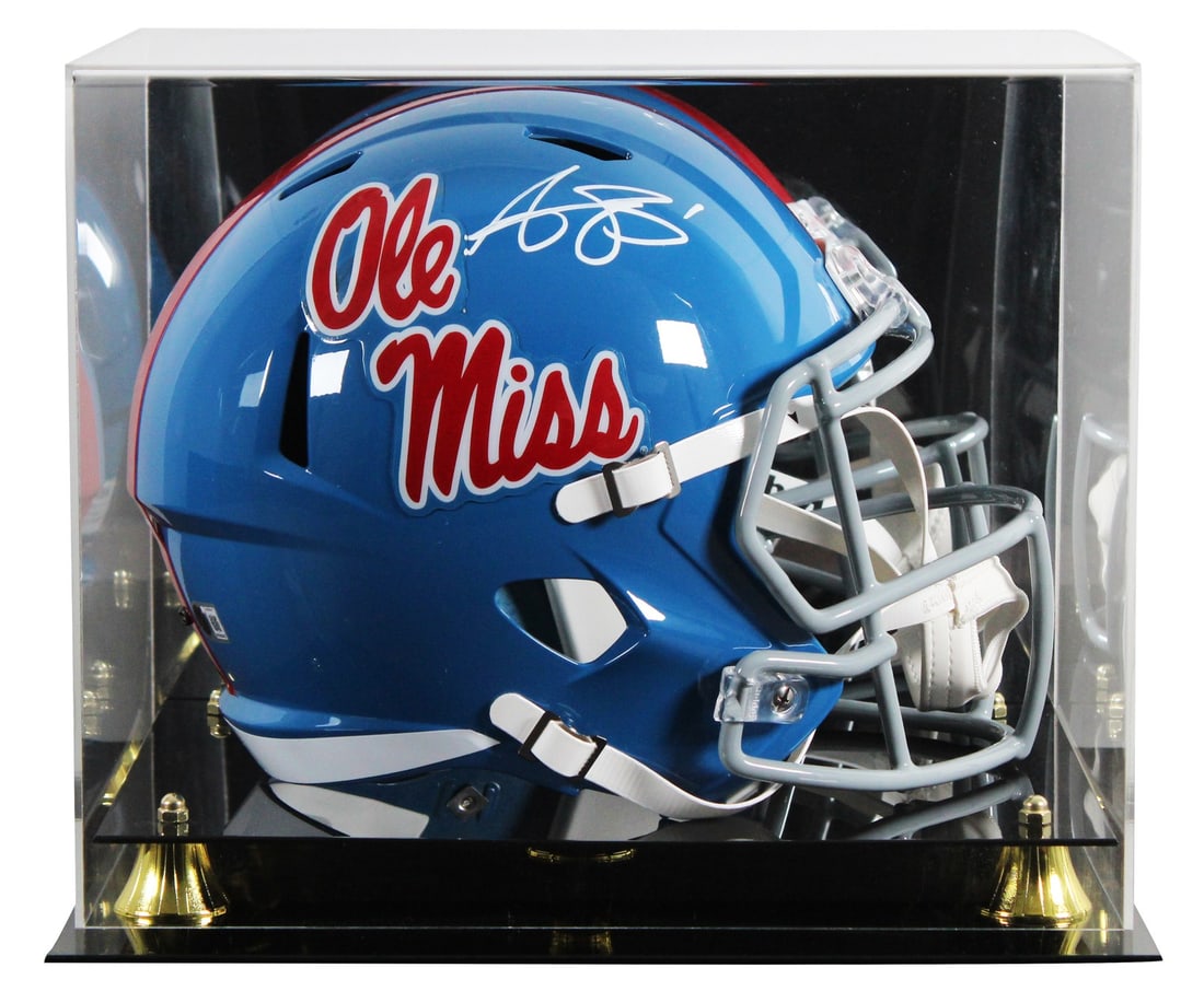 A.J. Brown autographed Mississippi Rebels Speed replica helmet with Beckett case: A.J. Brown autographed Mississippi Rebels Speed replica helmet with Beckett case Signed full-size Speed replica helmet in powder blue featuring A.J. Brown and presented with a UV mirrored back acrylic