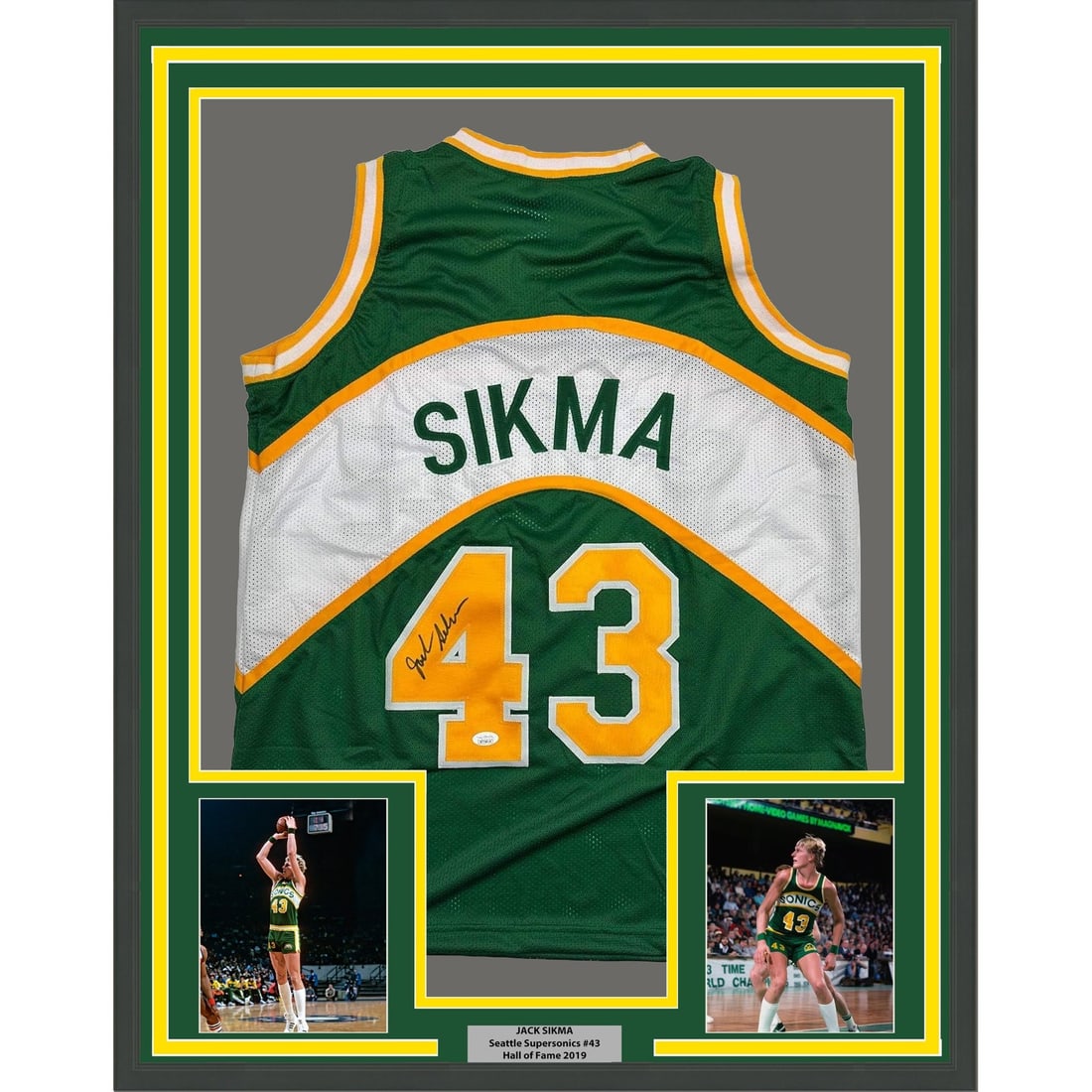 Jack Sikma signed Seattle SuperSonics framed green jersey JSA 35x39: Jack Sikma signed Seattle SuperSonics framed green jersey JSA 35x39 Professionally framed and matted original Seattle SuperSonics green jersey signed by Jack Sikma. This pre-owned display includes two