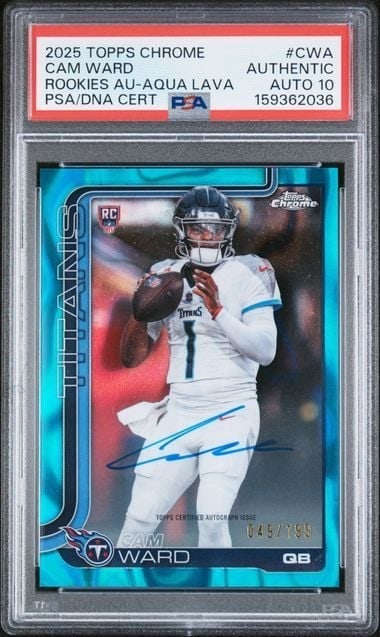 PSA 10 Cam Ward 2025 Topps Chrome RACWA Aqua Lava Autograph /199 RC: PSA 10 Cam Ward 2025 Topps Chrome RACWA Aqua Lava Autograph /199 RC 2025 Topps Chrome Cam Ward #RACWA Aqua Lava Auto /199 RC sports trading card. This autographed rookie card features the Aqua Lava Au