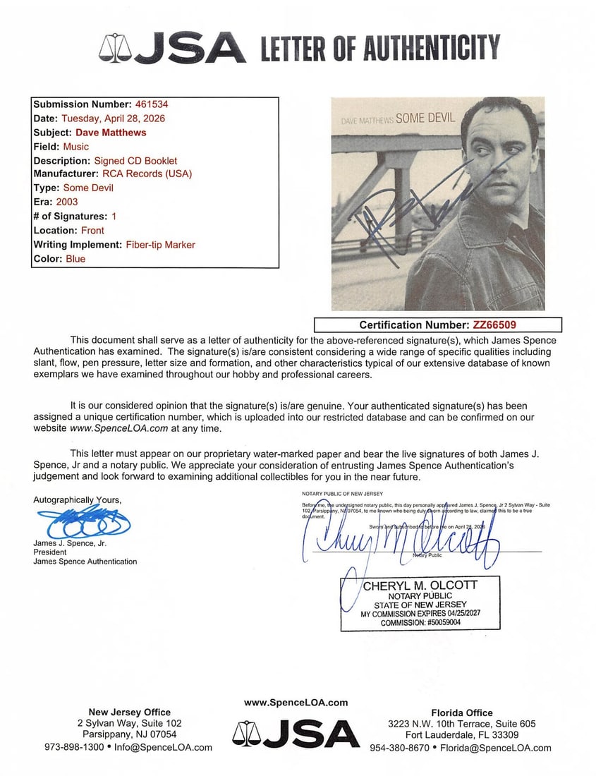 Dave Matthews signed Some Devil booklet JSA COA - 3