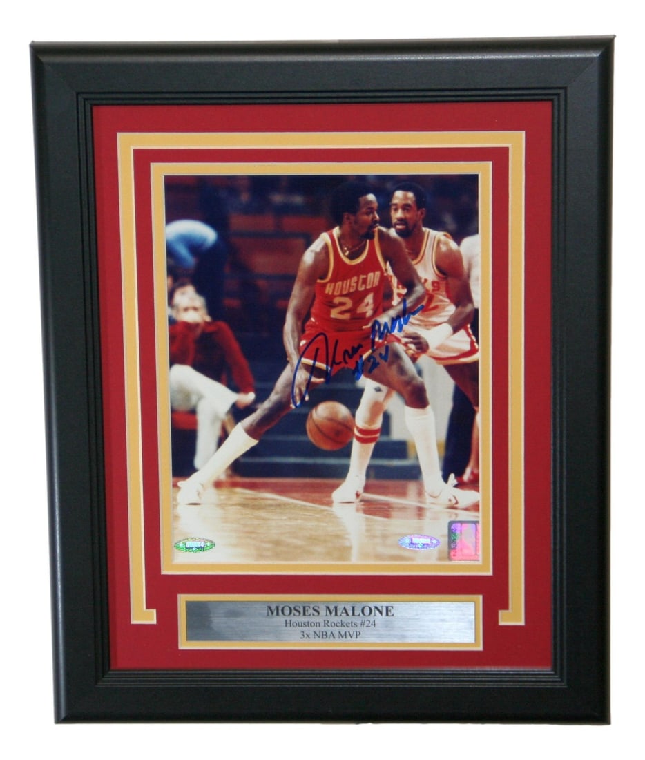 Framed 8x10 Houston Rockets Photo Signed by Moses Malone with TRISTAR Authentication: Framed 8x10 Houston Rockets Photo Signed by Moses Malone with TRISTAR Authentication This framed 8x10 photo features an authentic autograph from Moses Malone of the Houston Rockets. The signature is
