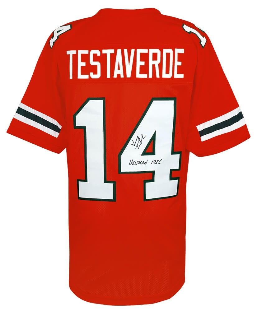 Vinny Testaverde Signed Orange Throwback Jersey Heisman 1986 COA: Vinny Testaverde Signed Orange Throwback Jersey Heisman 1986 COA Celebrate the legacy of Vinny Testaverde with this signed orange throwback custom college football jersey. This remarkable piece featur