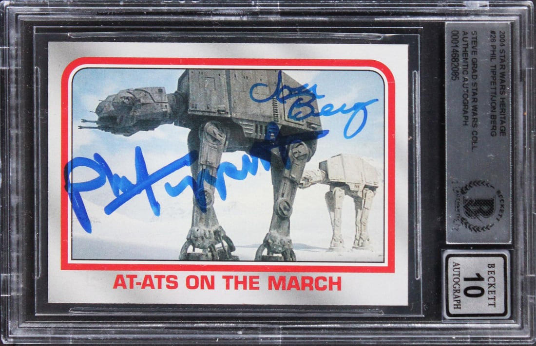 Star Wars Heritage Card #28 Dual Autograph Phil Tippett Jon Berg Beckett 10: Star Wars Heritage Card #28 Dual Autograph Phil Tippett Jon Berg Beckett 10 This 2004 Star Wars Heritage #28 trading card features the personal autographs of Phil Tippett and Jon Berg. The card has re