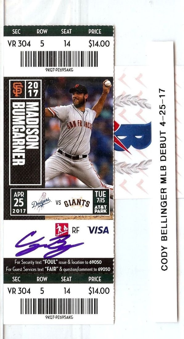 Cody Bellinger Autographed Ticket Stub Dodgers MLB Debut 4/25/17 Beckett Authenticated: Cody Bellinger Autographed Ticket Stub Dodgers MLB Debut 4/25/17 Beckett Authenticated Celebrate the MLB debut of Cody Bellinger with this signed ticket stub from the Los Angeles Dodgers, dated April 
