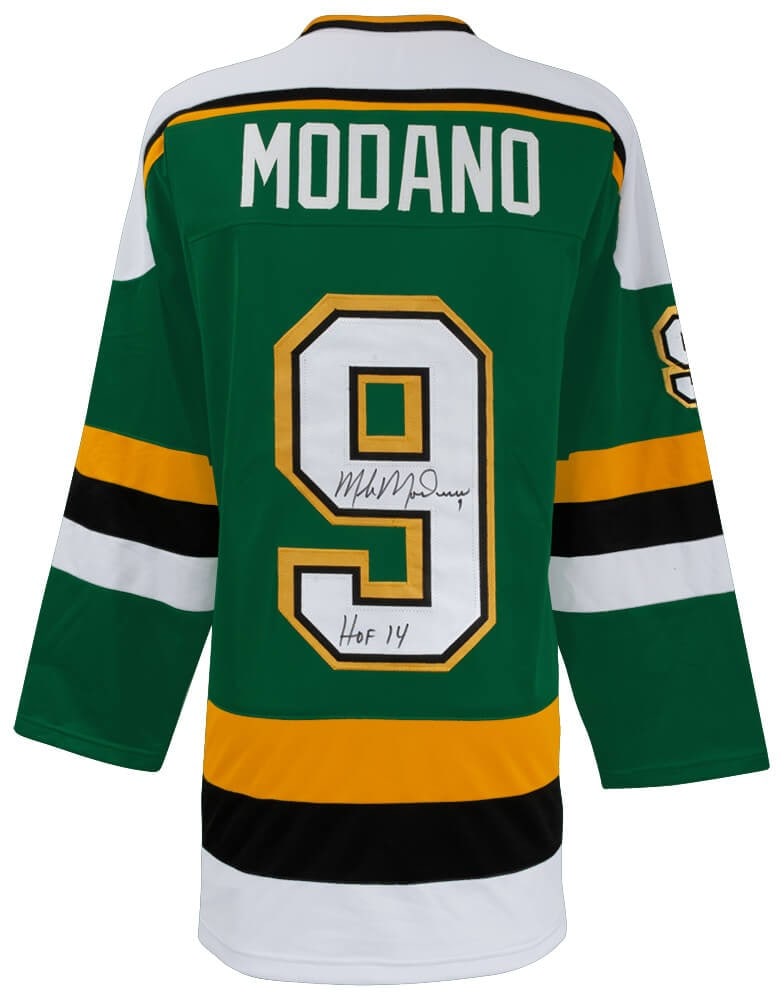 Mike Modano Autographed Green Custom Jersey With HOF 14 Inscription and COA: Mike Modano Autographed Green Custom Jersey With HOF 14 Inscription and COA This green custom hockey jersey is autographed by Mike Modano and features a "HOF 14" inscription. Representing the Minnesot