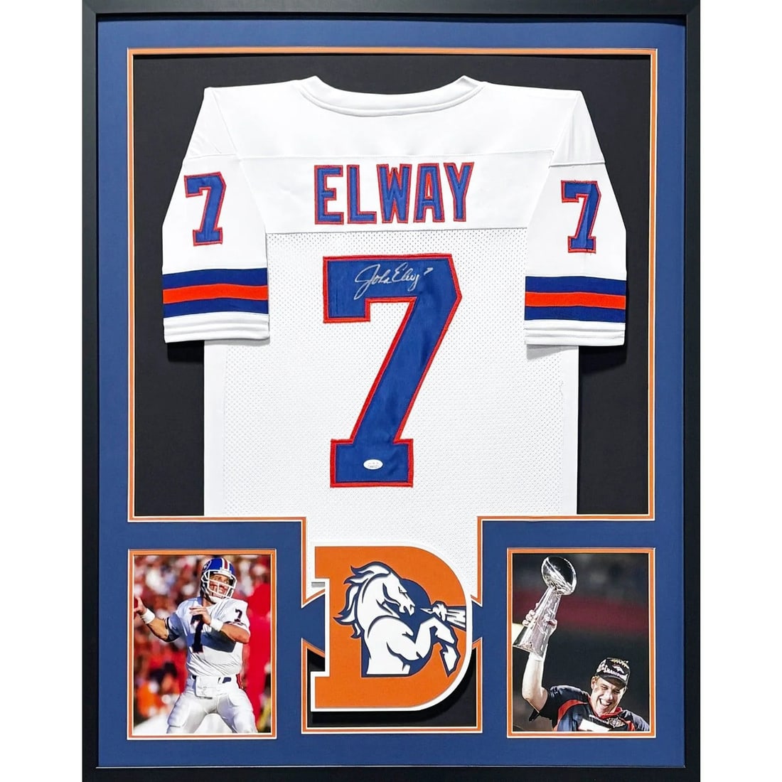 Framed White Denver Broncos Jersey Signed by John Elway Beckett: Framed White Denver Broncos Jersey Signed by John Elway Beckett Framed white John Elway autographed jersey with detailed presentation and Denver Broncos logo display. The autograph is authenticated by