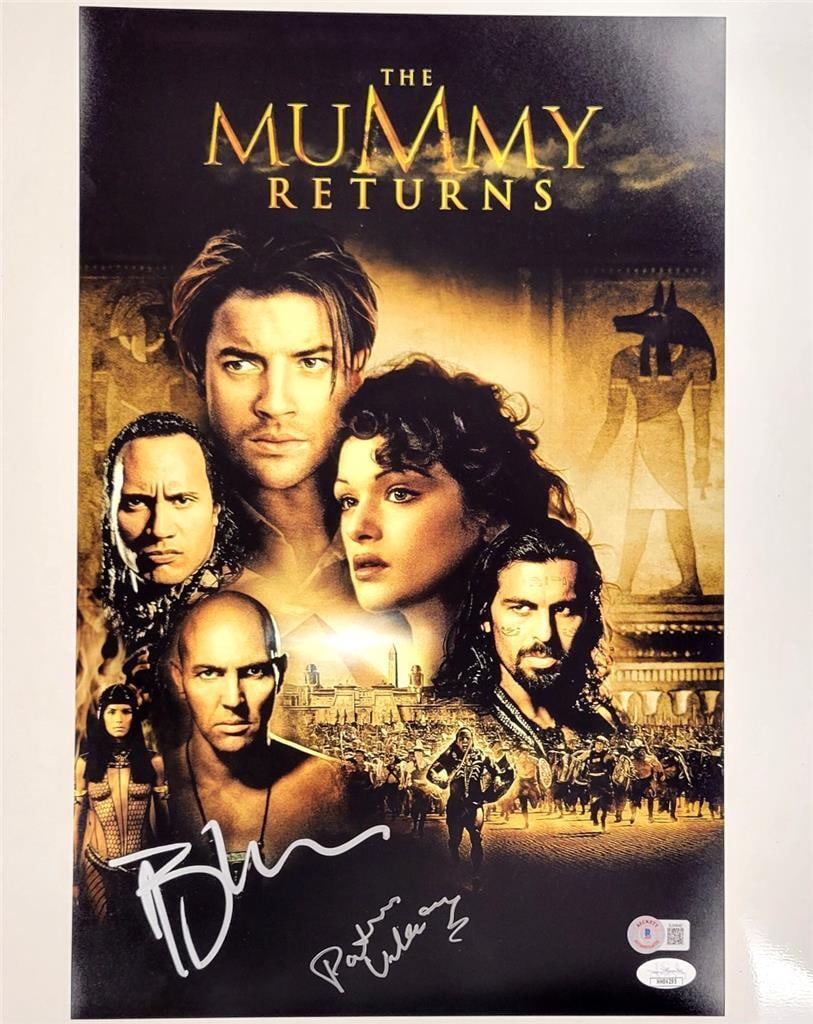 Brendan Fraser Patricia Velasquez Signed The Mummy Returns 11x17 Photo Beckett Authenticated: Brendan Fraser Patricia Velasquez Signed The Mummy Returns 11x17 Photo Beckett Authenticated This is an original 11x14 photograph from the iconic film 'The Mummy Returns,' featuring the signatures of 