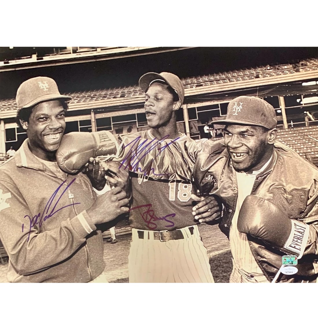 16x20 Signed Photo Mike Tyson Darryl Strawberry Dwight Gooden JSA: 16x20 Signed Photo Mike Tyson Darryl Strawberry Dwight Gooden JSA Original 16x20 photo autographed by Mike Tyson, Darryl Strawberry, and Doc Gooden. This pre-owned piece comes with third-party authent