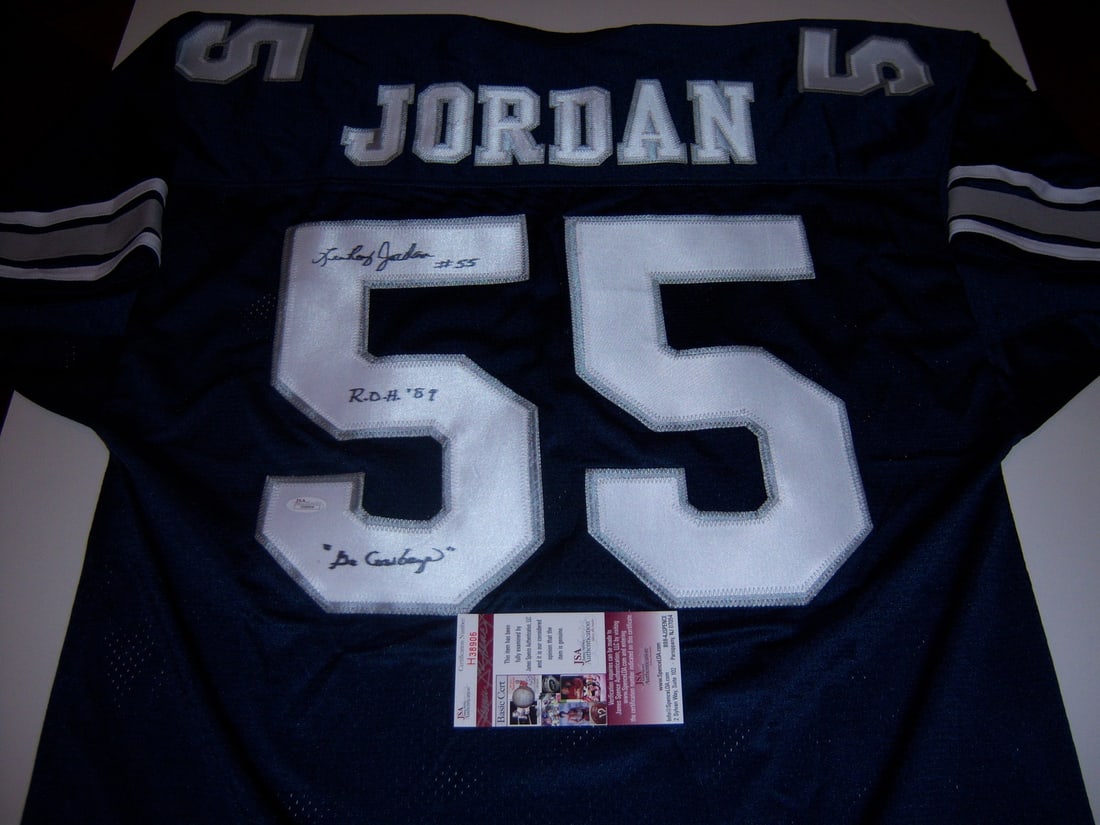 Signed Russell Dallas Cowboys Jersey with Lee Roy Jordan Autograph and JSA COA: Signed Russell Dallas Cowboys Jersey with Lee Roy Jordan Autograph and JSA COA This is a pre-owned, officially licensed Russell jersey signed by Lee Roy Jordan of the Dallas Cowboys. The jersey is an 