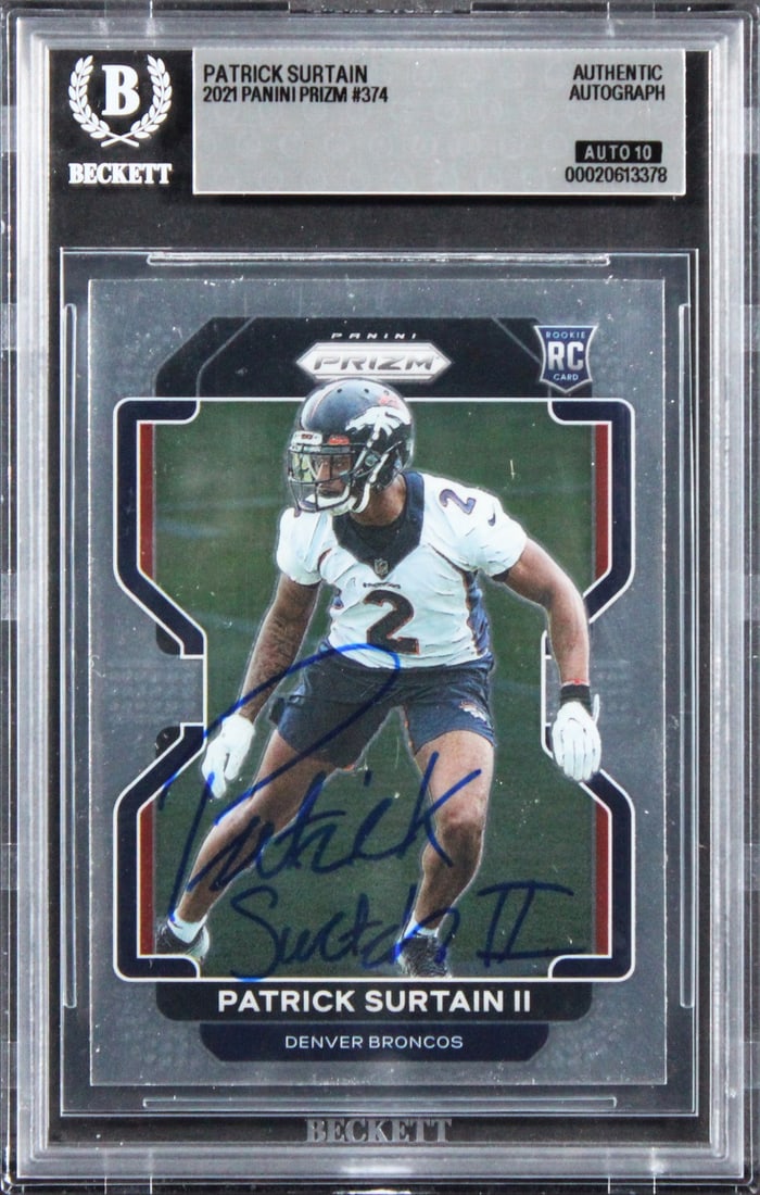 Beckett Authenticated Patrick Surtain II 2021 Panini Prizm #374 Rookie Auto Card: Beckett Authenticated Patrick Surtain II 2021 Panini Prizm #374 Rookie Auto Card Original 2021 Panini Prizm #374 rookie card signed by Patrick Surtain II and slabbed by Beckett Authentication Services