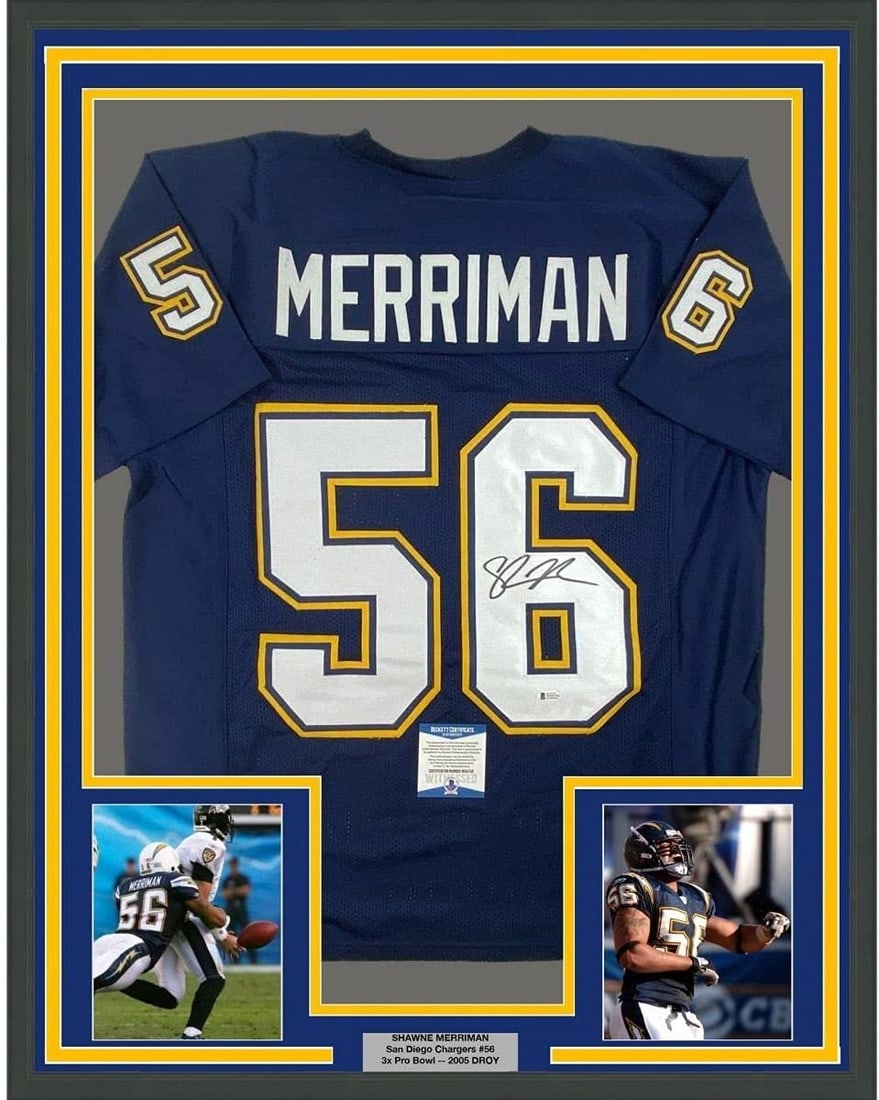 Shawne Merriman Signed Framed San Diego Chargers Blue Jersey Beckett COA: Shawne Merriman Signed Framed San Diego Chargers Blue Jersey Beckett COA Professionally framed and matted autographed Shawne Merriman San Diego Chargers blue jersey. This original signed football disp