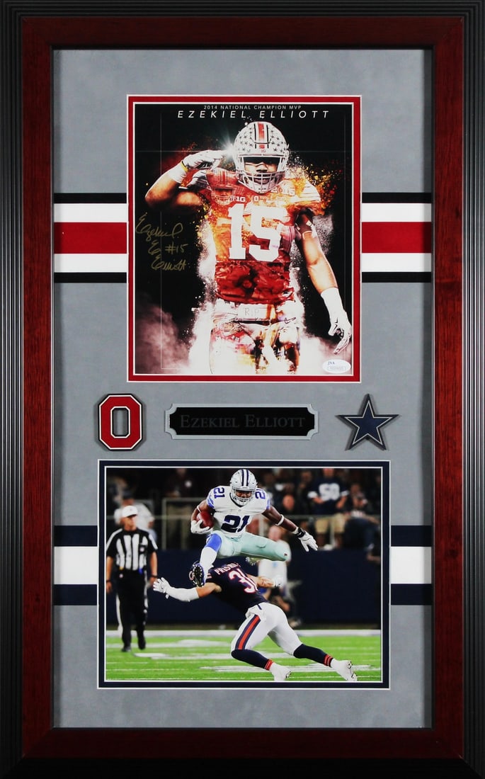 Framed 8x10 autographed Ezekiel Elliott photo Dallas Cowboys JSA Signature Debut: Framed 8x10 autographed Ezekiel Elliott photo Dallas Cowboys JSA Signature Debut Authentic signed framed photo featuring Ezekiel Elliott of the Dallas Cowboys. This original 8x10 photo is authenticate