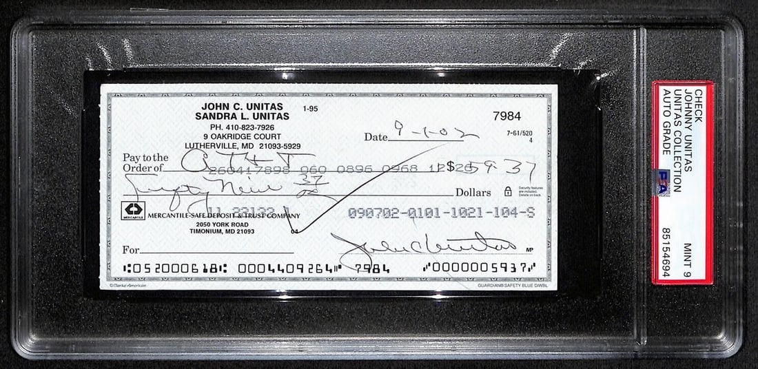Johnny Unitas Signed Check 9/1/02 PSA/DNA MINT 9 Baltimore Colts: Johnny Unitas Signed Check 9/1/02 PSA/DNA MINT 9 Baltimore Colts Offered is a Johnny Unitas signed Baltimore Colts canceled check dated September 1, 2002. This item is authenticated by PSA/DNA with a 